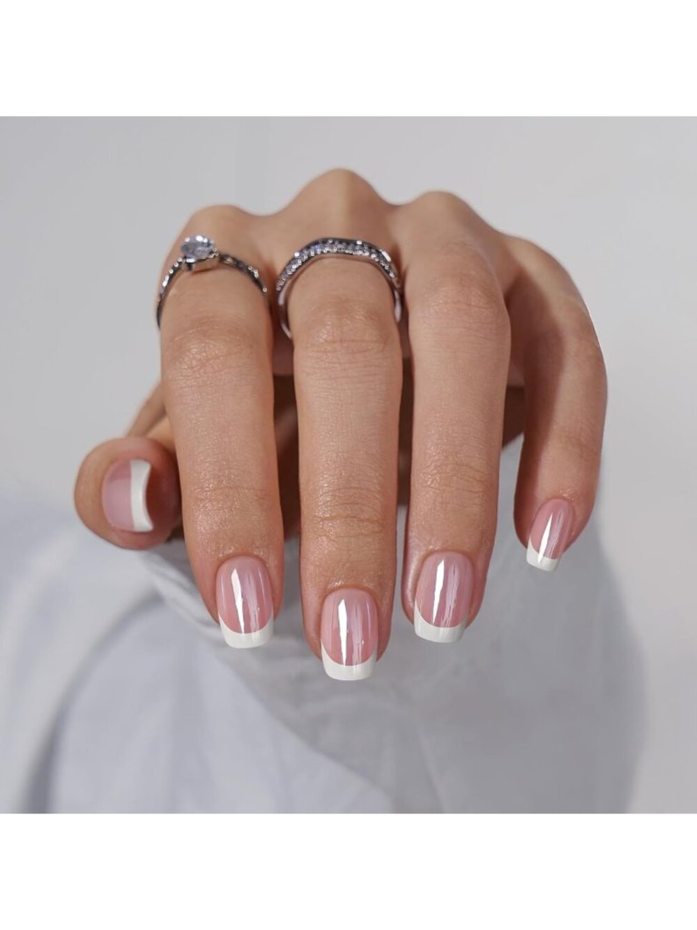 32 Pcs French Tip Short Square Press On Nails Full Kit - Easy Application